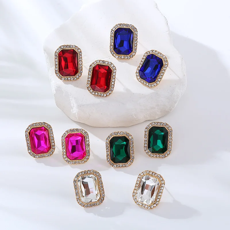 Fashion Multi-Color Crystal Glass Square Stud Earrings Girl Women\'s Geometric Earrings Fuchsia Jewelry