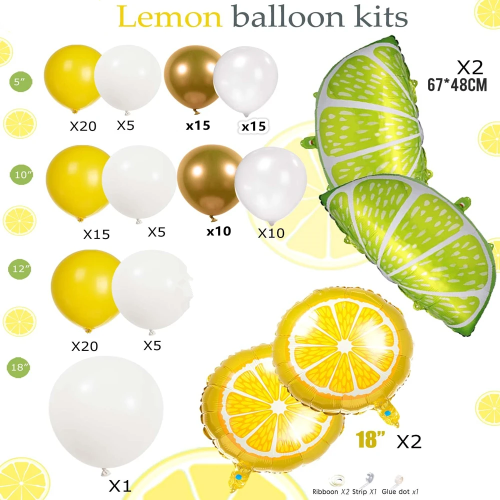 125pcs Lemon Foil Balloon Yellow White Gold Latex Balloon Garland Arch Kit for Wedding Birthday Lemonade Party Decoration