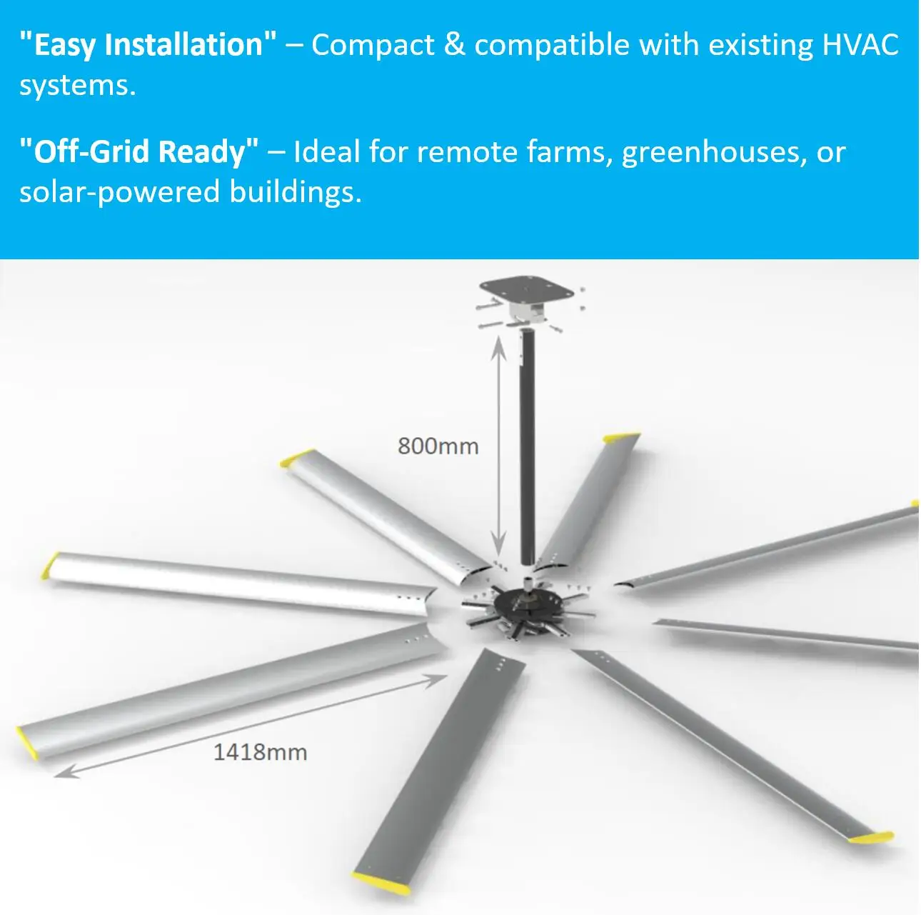 555W Solar Panel Industrial Ceiling Fan Commercial 10ft Aluminum Alloy Blades 5-Year Warranty Cooling System for Animal