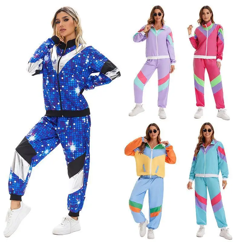 80s Retro Disco Hip Hop Sports Jaet Pants Set loween Costume ex Adult Dancewear Long Sve Zipper Closure