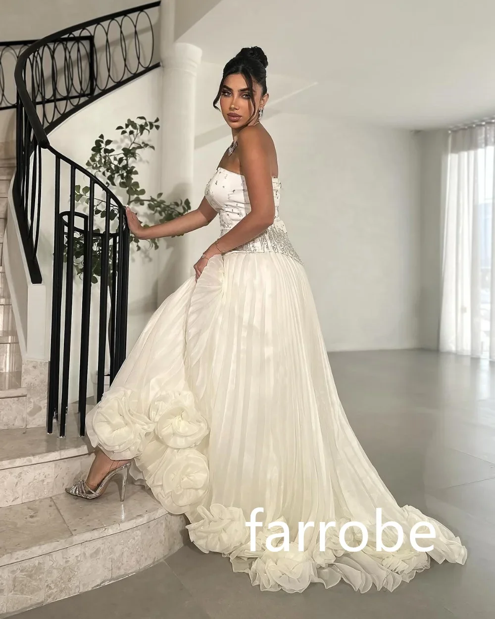 Customized Pastrol Net Pleat Flower Sequined A-line Strapless Long Dresses Bespoke Occasion Dresses Classic Exquisite Modern Sty