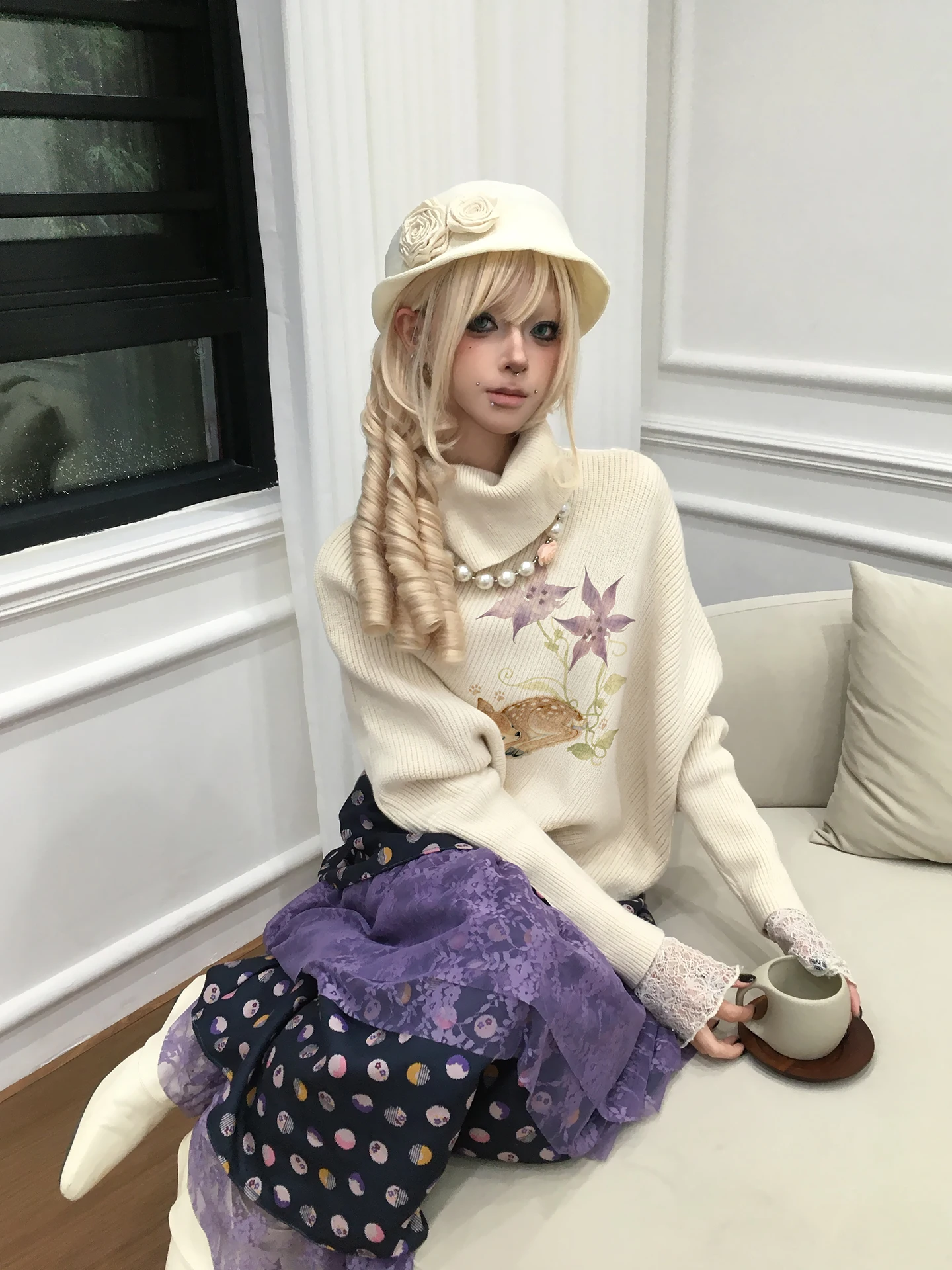 

Свободный женский вязаный свитер Batwing Sve с винтажным принтом из смеси хлопка, осень-зима, уличный свитер с высоким воротником, увлажняющий ng