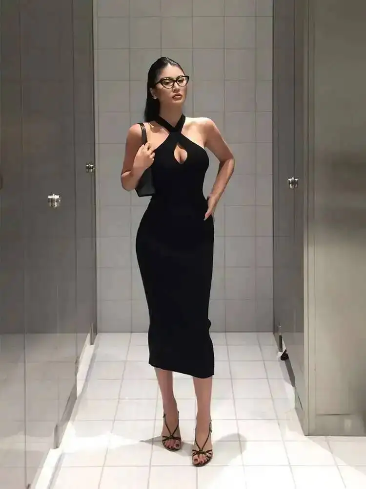 مثير الساخن فتاة الصليب شنقا الرقبة محبوك فستان أنيق للنساء ربيع جديد عالية الخصر سليم الجوف خارج تنورة طويلة فستان SM8Y #2