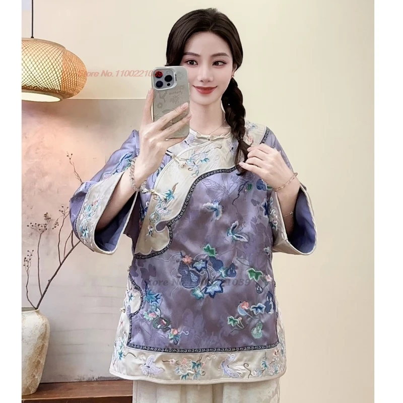 

2025 traditional flower embroidery vintage coat chinese improved jacket hanfu tops national o-neck satin jacquard vintage coat