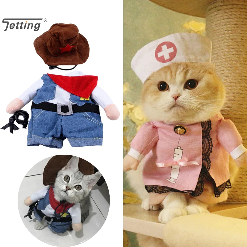 Funny Pet Dog Cat Costume Cowboy Jeans Hoodie Shirts Creative Halloween Cosplay Clothing Jumpsuit Puppy Kitten Clothes