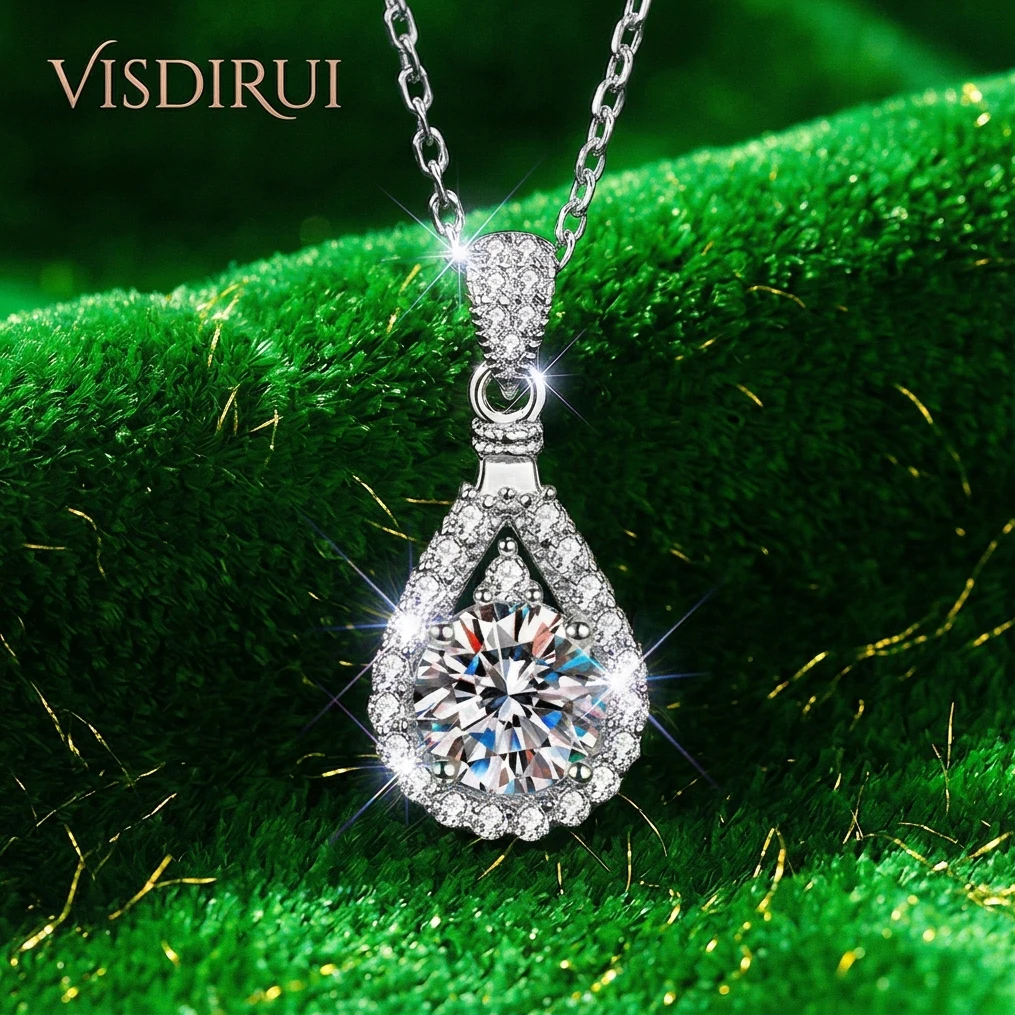 

VISDIRUI Halo Moissanite Pendant Necklace S925 Silver D Color VVS1 1ct 2ct 3ct 5ct Box Chain Fine Jewelry Anniversary Gift Women
