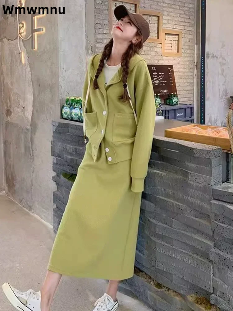 

Корейский модный женский повседневный комплект из 2 предметов, элегантный мешковатый свитшот с капюшоном, топ Conjuntos, прямая юбка с высокой талией, ансамбль