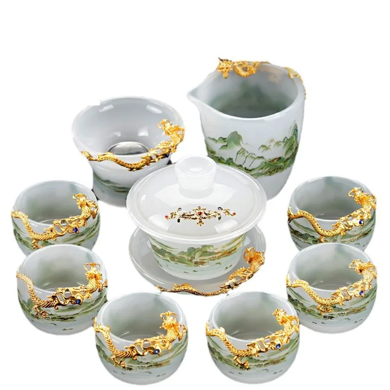 

Gold inlaid jade glazed tea set Dragon Head-Raising Day Kung Fu tea set household cover bowl high-end tea making office gift box