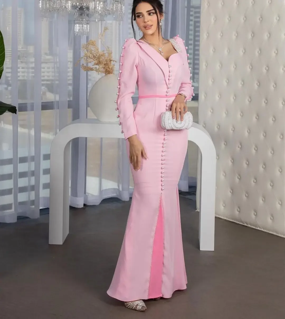 

Saudi Arabia Pink = Women Evening Dresses Ruffle Long Sleeves V-neck Prom Dresses Pearls Customize Formal Occasion Party Gowns