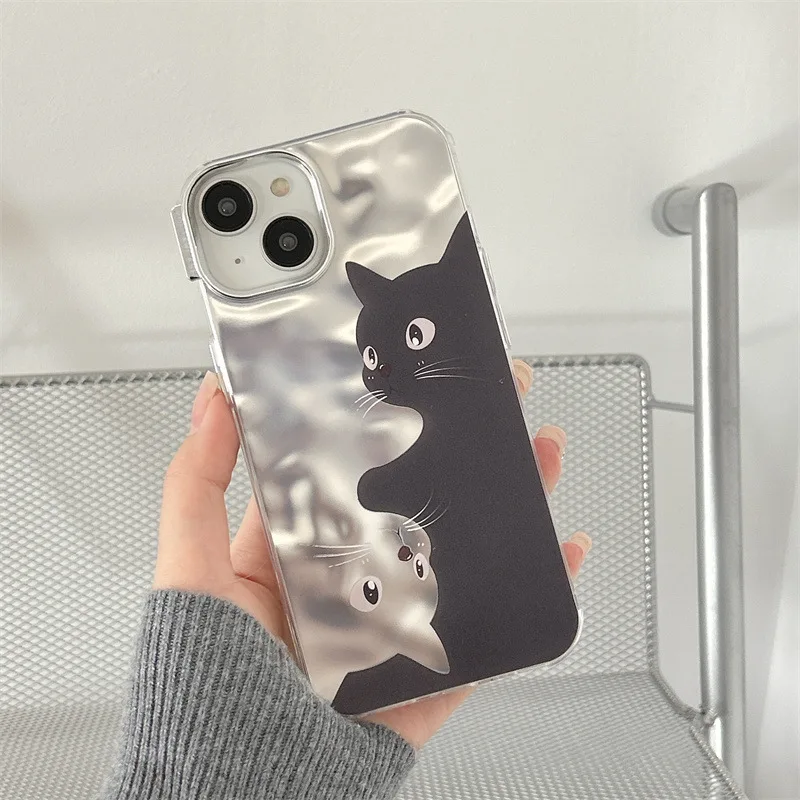 

Чехол для iPhone 14/13/12/11 Pro Max - Зеркальный серебристый дизайн с котом, мягкий гибкий TPU ударопрочный чехол