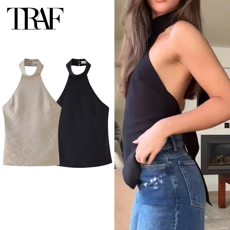 TRAF Women Off Shoulder Backless Vest Summer 2024 Crop Halter Top Female Sleeveless Back Buckles Slim Tank Tops Chic Elegant Top