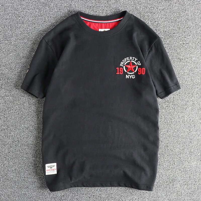 

Summer New American Retro Short Sleeve O-neck Pentagram Embroidery T-shirt Men's Simple 100% Cotton Washed Casual Youth Tops