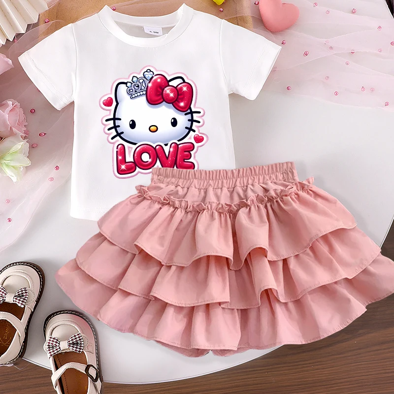 سانريو مرحبا كيتي جديد الفتيات تي شيرت كعكة تنورة مجموعة أزياء الكرتون طفل قصير الأكمام الاطفال عيد ميلاد الهيب هوب ملابس خارجية هدية