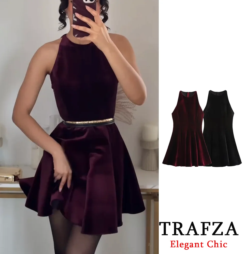 

TRAFZA Sexy Velvet Mini Dress Women's Dinner Date Wave Vest Dress New 2025 Fashion Spring Fall Vintage Elegant Party Dress