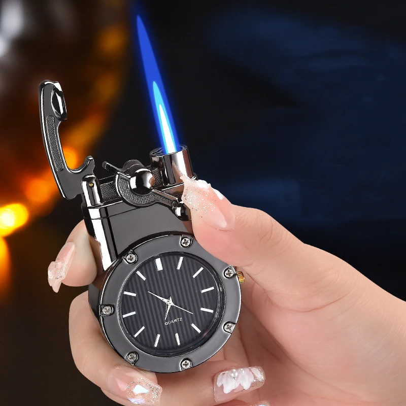 Metal Transparent Window Rocker Arm Watch Lighter Windproof Spray Flame Butane Inflatable Portable Cigarette Lighter Men's Gift