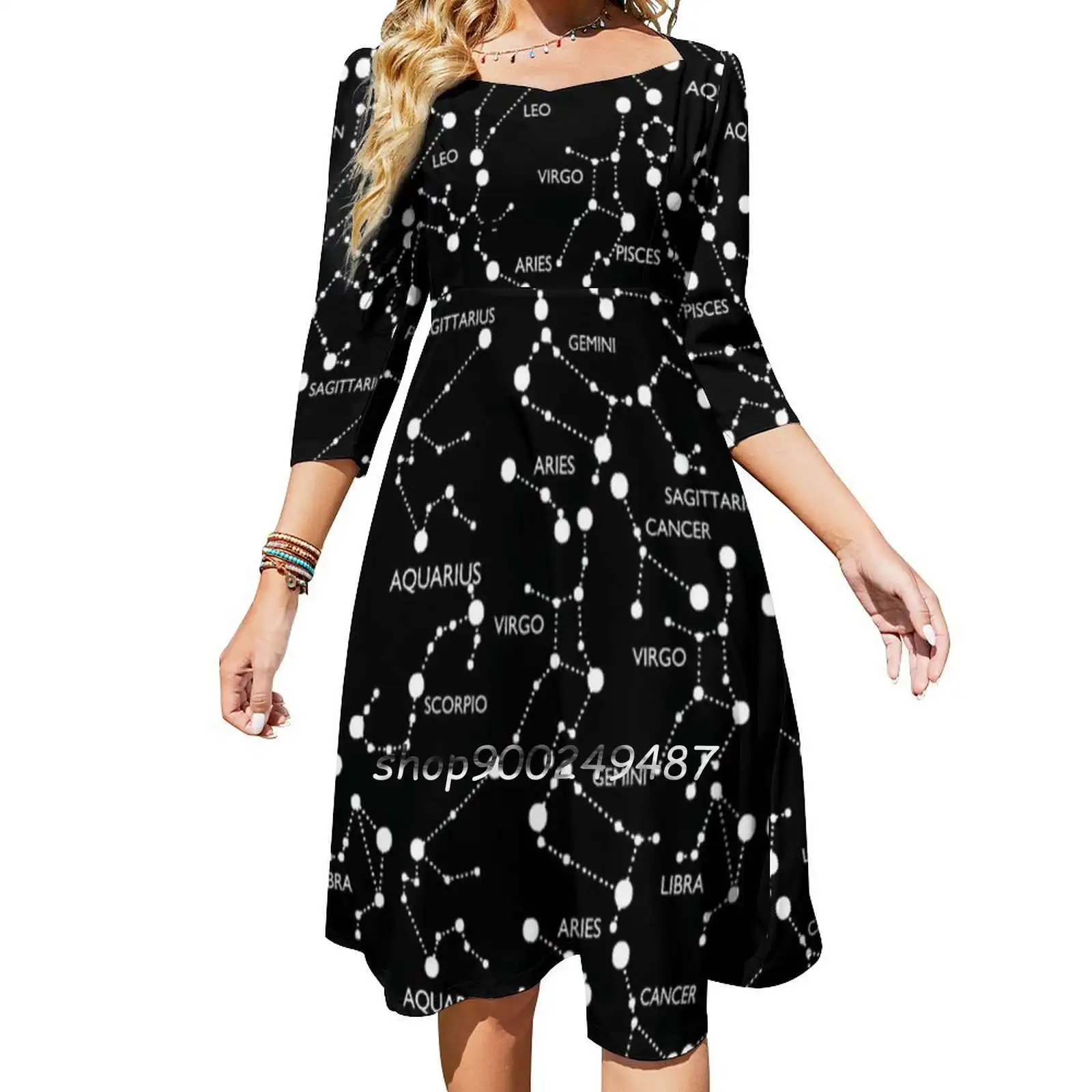 Zodiac Constellations Square Neck Dress Cute Loose Print Dresses Elegant Beach Party Dress White Black Stars Celestial Cosmos