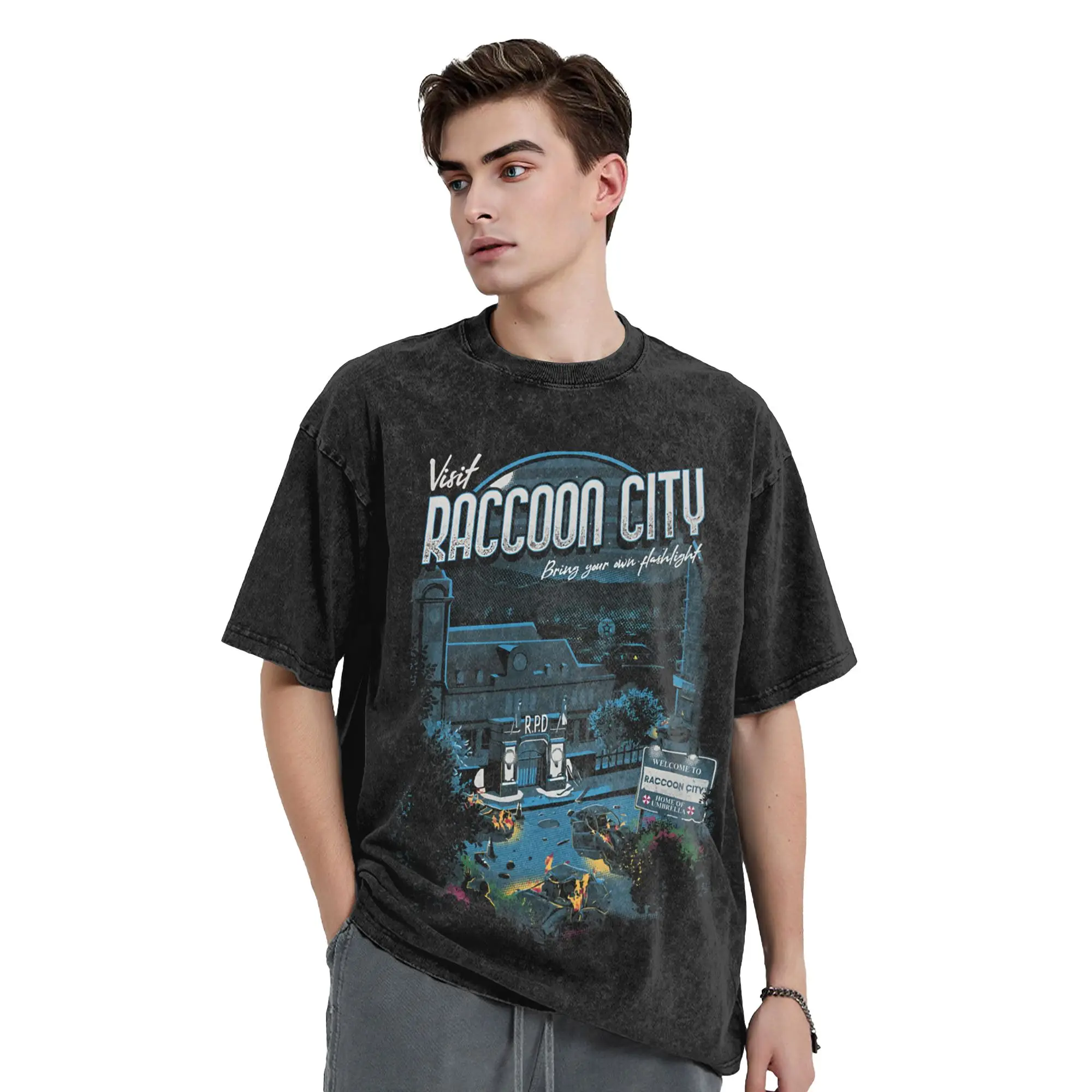 Humorous Visit Raccoon City T-Shirts for Men Round Neck 100% Cotton Washed T Shirts  Short Sleeve Tees Gift Idea Clothes
