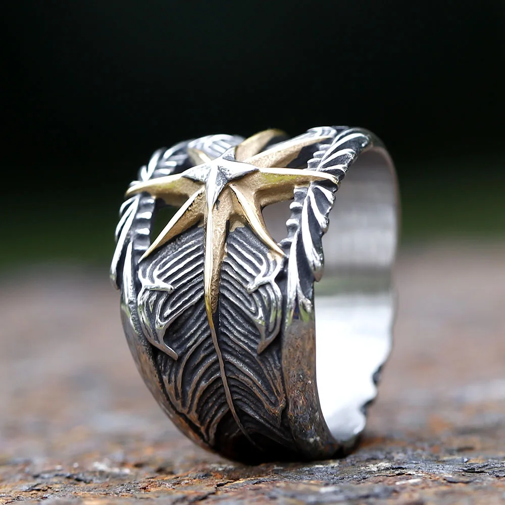2023 Octagram Ring 316L Stainless Steel Feather Men Ring Hollow Punk Rock Rap for Biker Male Friend Jewelry Creative Gift R-1201