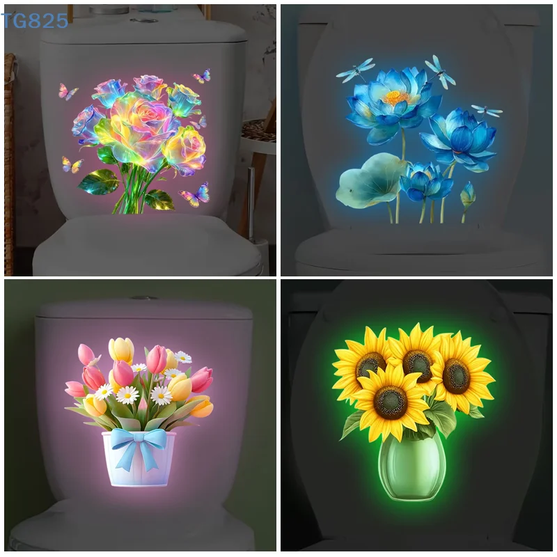 【AN】【AN】Glow-in-the-Dark Flower Toilet Sticker Luminous Toilet Decal Removable Self-Adhesive Home Decor Stickers For Bedroom