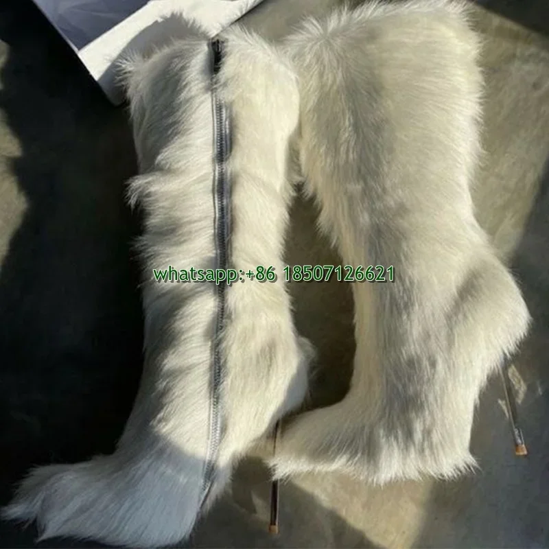 

White Fur Metal Heel Pointed Knee-High Boots Large Size Stiletto Boots Unique Boots