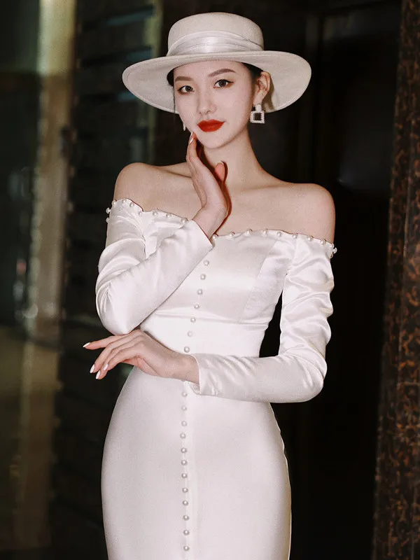 

Легкое атласное свадебное платье на одно плечо с длинным рукавом, облегающее, фасон «рыбий хвост», вечернее, простое, белое, для девушек 8-25 лет