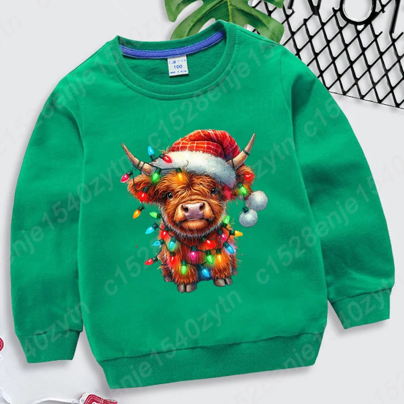 Christmas Light Cow Print Pullovers Kids Boys Girls Autumn And Winter Round Neck Sweatshirt Children Hoodless Pullover Plus Size