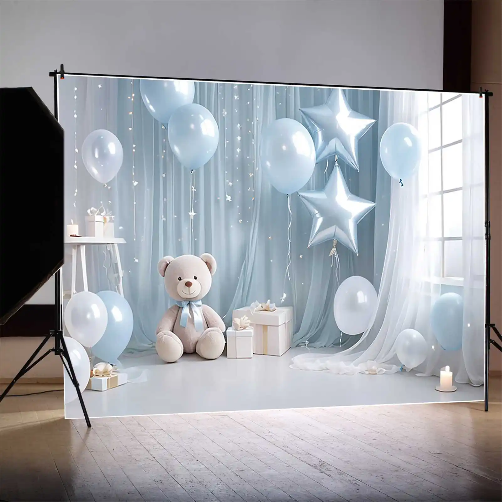 MOON.QG Blue Drapes Birthday 1 Year Backgrounds Boys Teddy Bear Draping Cloth Balloon Backdrops Custom Party Photozone Props