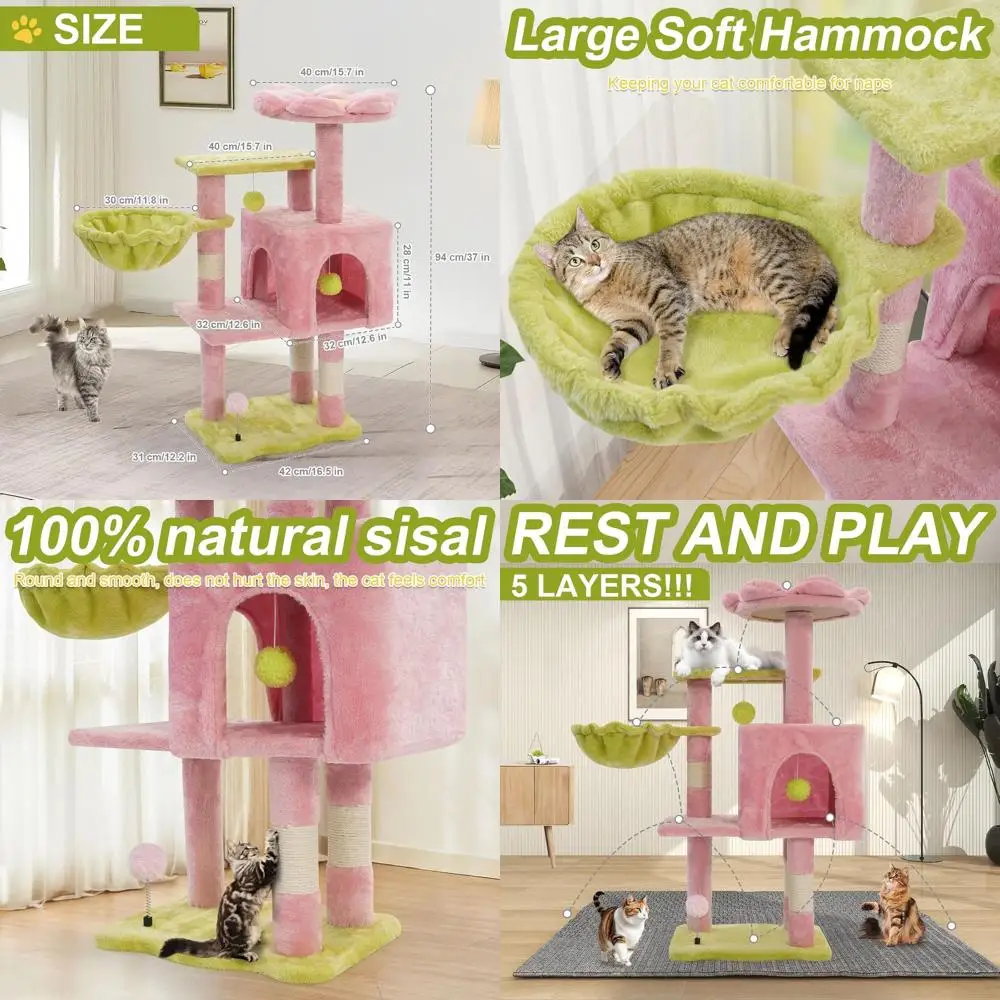 

Pink Flower-Themed 41 Metal Frame Cat Tree with Hammock, Scratching Post, and Perch for Large Indoor Cats