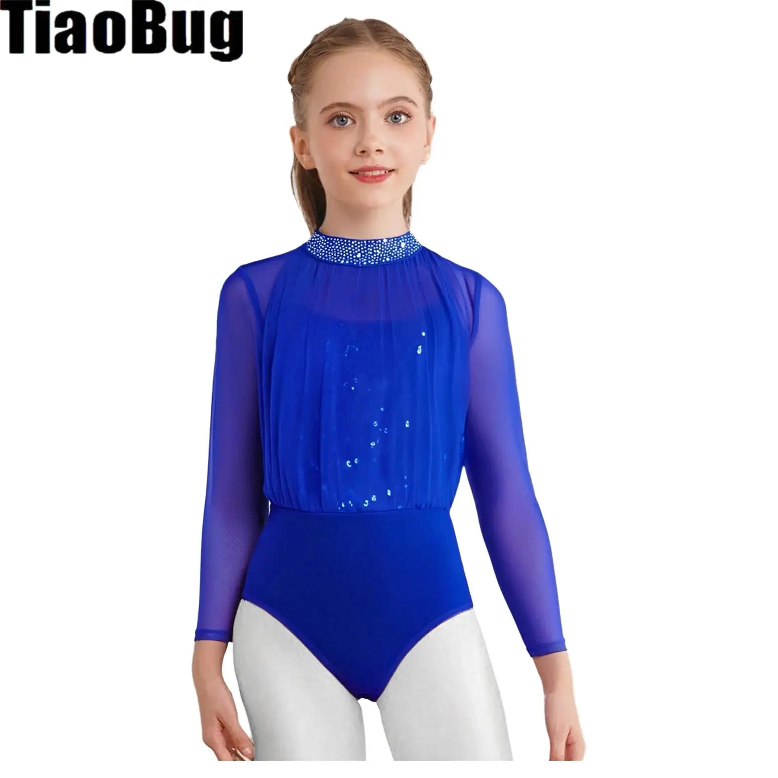 여자아이들 반짝이 스팽글 체조 레오타드 긴 소매 시스루 메쉬 발레 바디수트 피겨 스케이팅 점프수트 현대 무용 의상