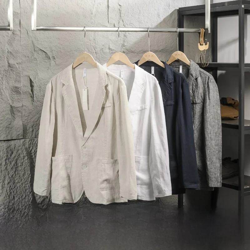 

00% Pure Linen Men's Casual Sle Lightweight Jaet Autumn New Faion Ci Youth Long Sve Single Button Closure C...