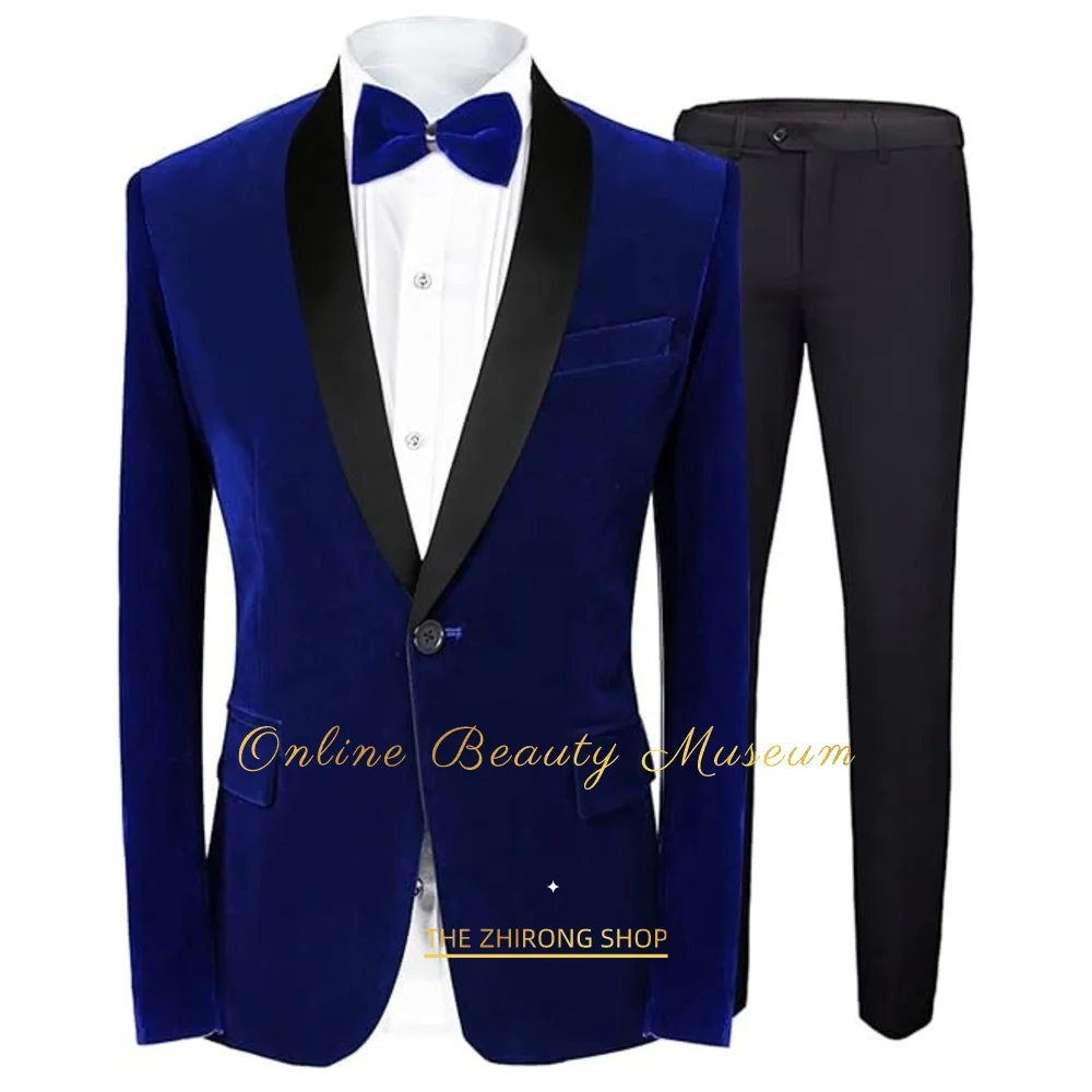 Men's Velvet 2 Piece Suit, One Button Slim Jacket Trousers, Wedding Party Dinner，Satin Shawl/Notched Lapel/dress wrap collar