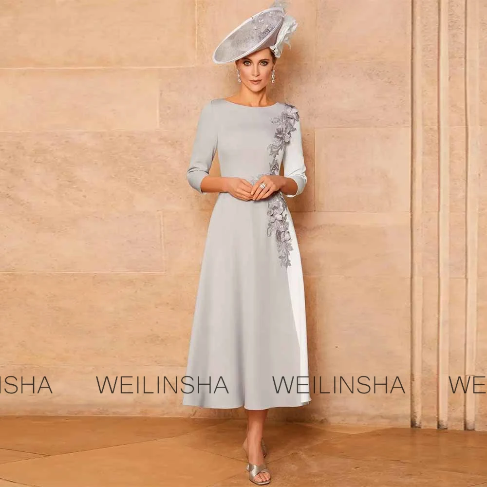 Robes de mère du marié exquises, tissu crêpe, ligne a, robe de soirée Cocktail, gris et blanc, col rond, robes de bal brodées appliquées