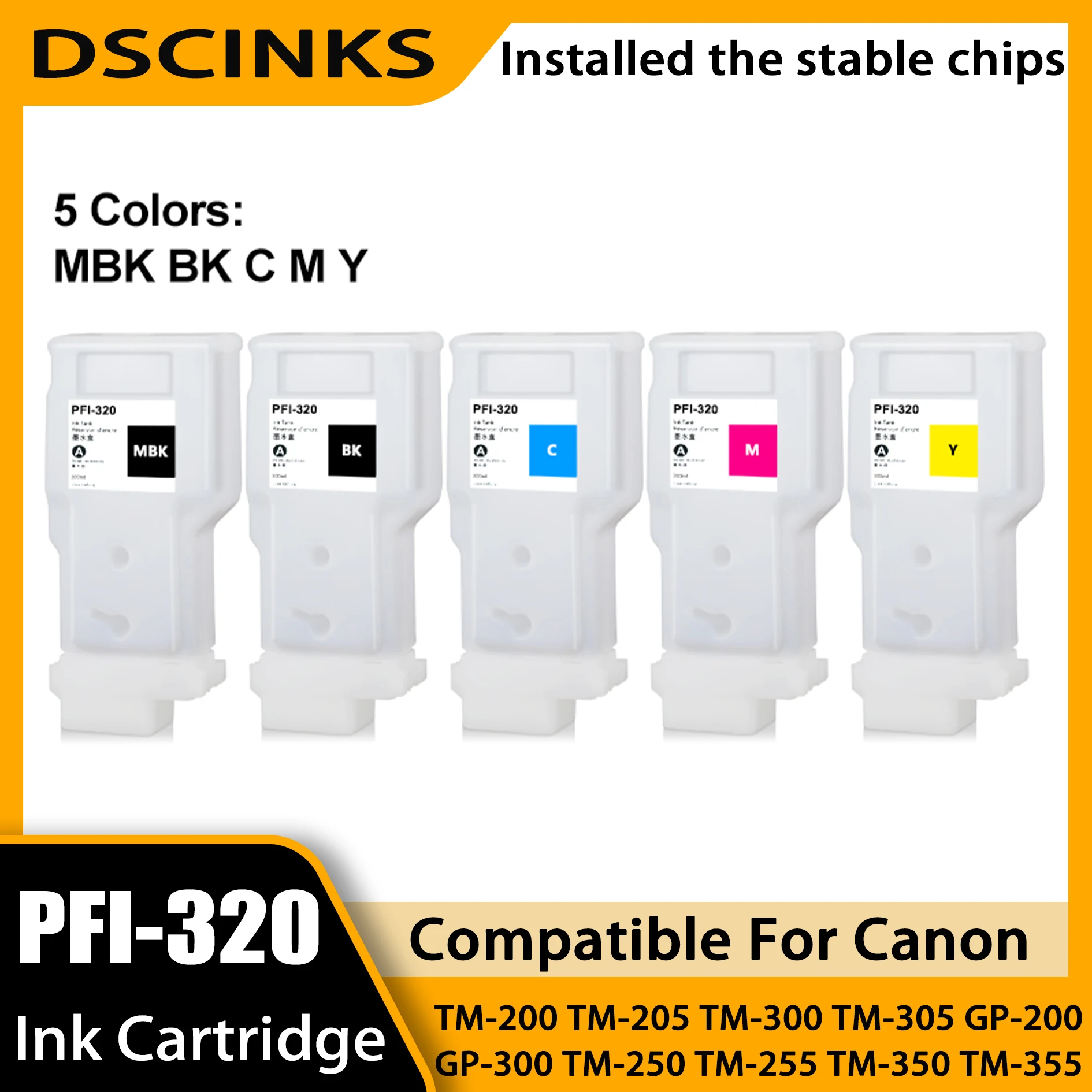 5pack PFI-320 Refillable Ink Cartridge For Canon imagePROGRAF TM-200 TM-205 TM-300 TM-305 TM-250 255 350 355 GP-200 300 Printer