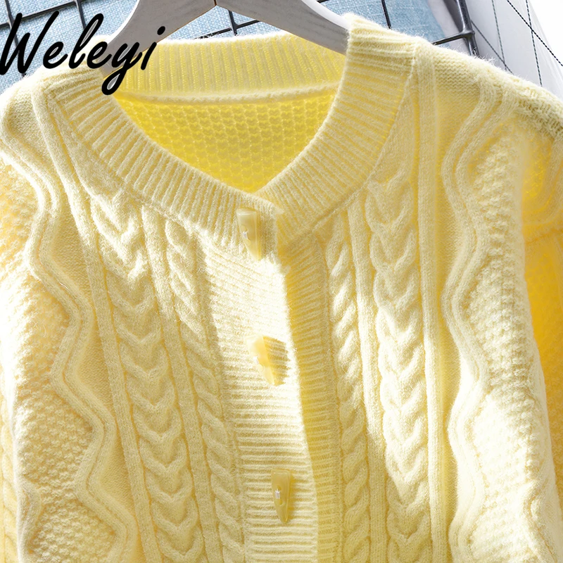 Japanese Style Yellow Short Sweater Coat Women Outwear Autumn 2024 New Sweet Soft Waxy Women's Low Crew Neck Knitted Cardigan