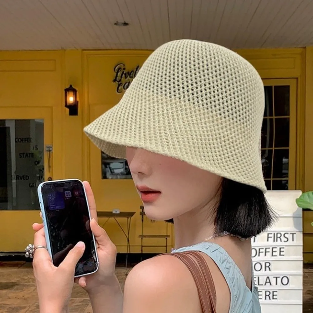 Summer Ladies Hollow‑Out Knitted Bucket Hat Soft Breathable Sun Protection Fisherman Hat For Vacation Beach Street Daily Outfit