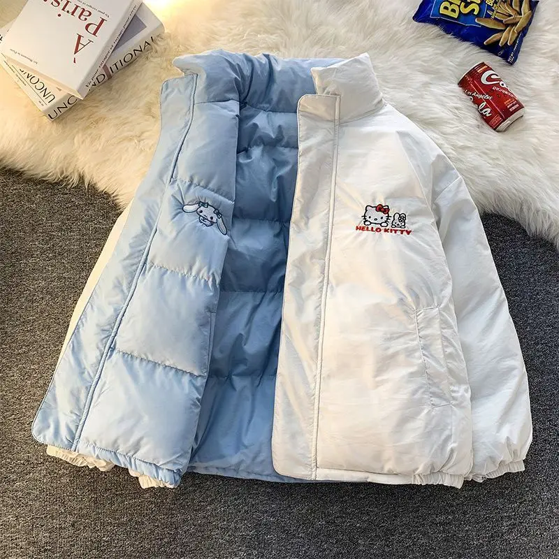 Sanrio Cartoon Down Jacket Winter Warm Streetwear Hello Kitty Cinnamoroll Embroidery Down Coat Y2k Harajuku Loose Woman Outwear