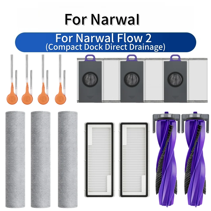 For Narwal Flow 2 Robot Vacuum & Mop Roller Brush Side Brush Dust Bag Filter Track‑type Mop Pad Robot Vacuum Accessories