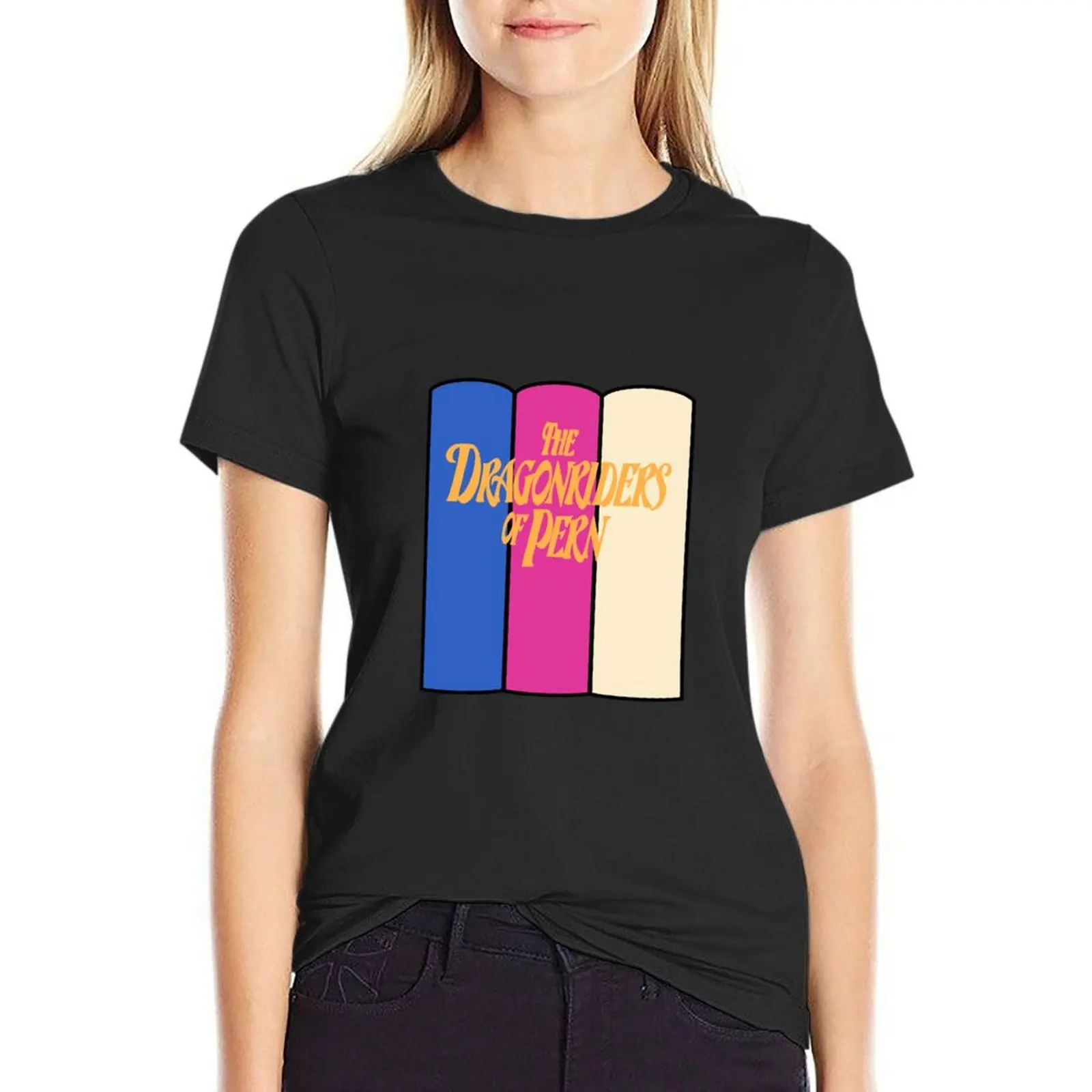 

Dragonriders of Pern Bookstack T-Shirt anime vintage clothes blacks Women t-shirts