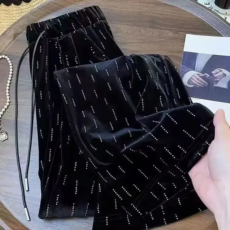 

Черные бархатные брюки на шнурке, женские повседневные брюки до щиколотки, универсальные элитные тонкие свободные брюки, осень-зима