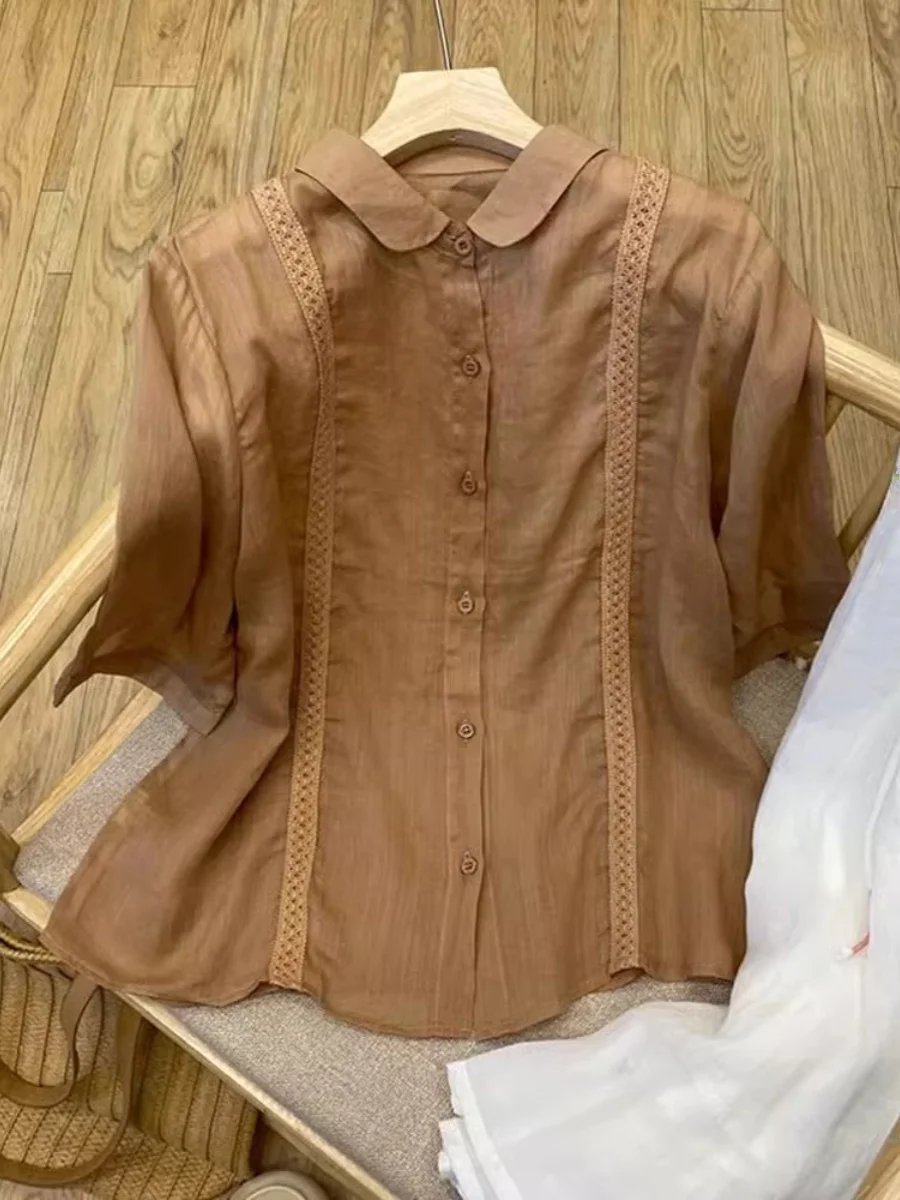 

Легкий шелковый полиэстер ort Sve irt, женский летний винтажный повседневный топ на пуговицах, модная одежда для поездок на работу