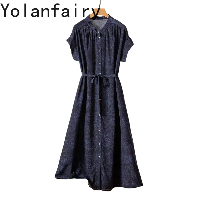

YOLANFAIRY 100% Pure Mulberry Silk Dresses 2025 Woman Fashion Denim Printed Short-sleeved Dress Lace-up Office Wear Long Dresses