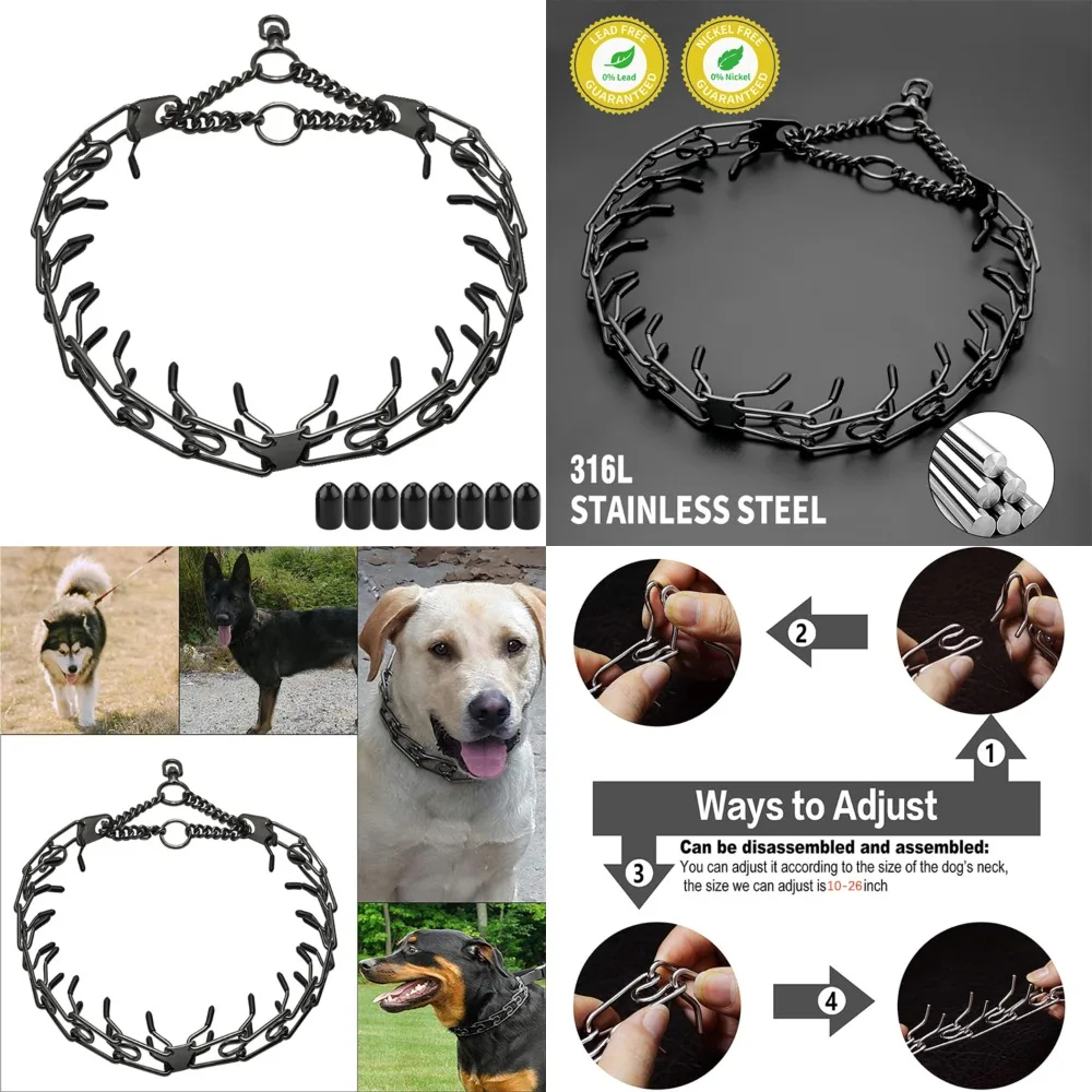 

Adjustable Black Stainless Steel Spike Dog Training Prong Collar with Comfortable Removable Link Chain, Metal Construction and S