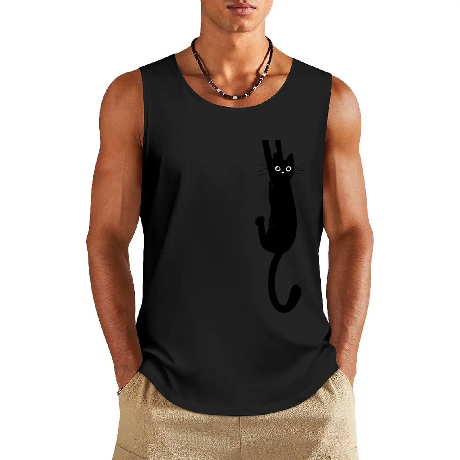 Black Cat Holding On Tank Top Body man t-shirts man Men's summer vest