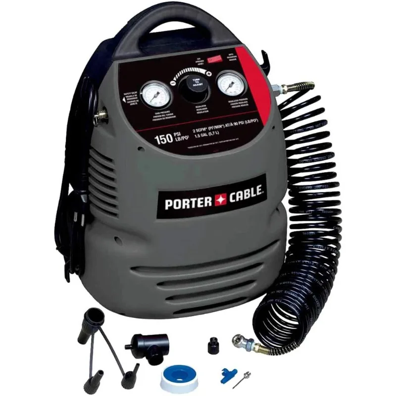 PORTER-CABLE Air Compressor Kit, 1.5 Gallon, Oil-Free, Fully Shrouded, Hand Carry, 25-Feet Hose (CMB15)