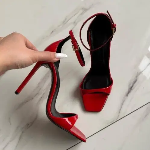 

Red Black White Brown Shiny Patent Leather Square Open Toe One Line Ankle Strap Summer Sandals Women Cover Heel Thin Heels Pumps