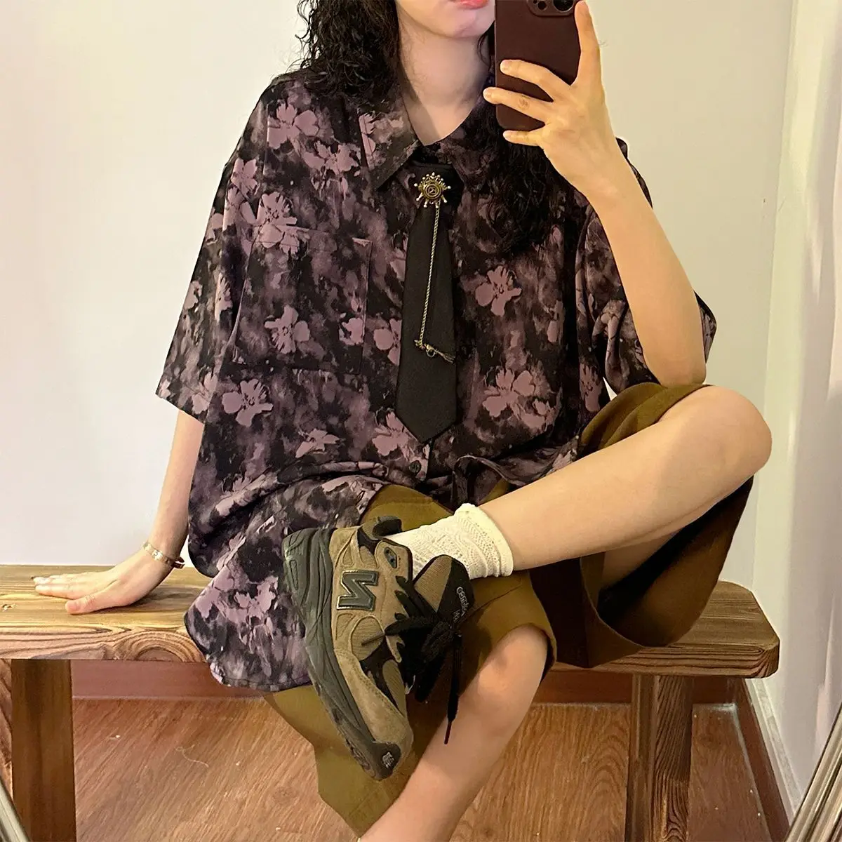 

Summer Casual Korean Fashion Loose Buttons Single Breasted Printing Retro Fashion Short Sleeve Easy Close to the People Wild