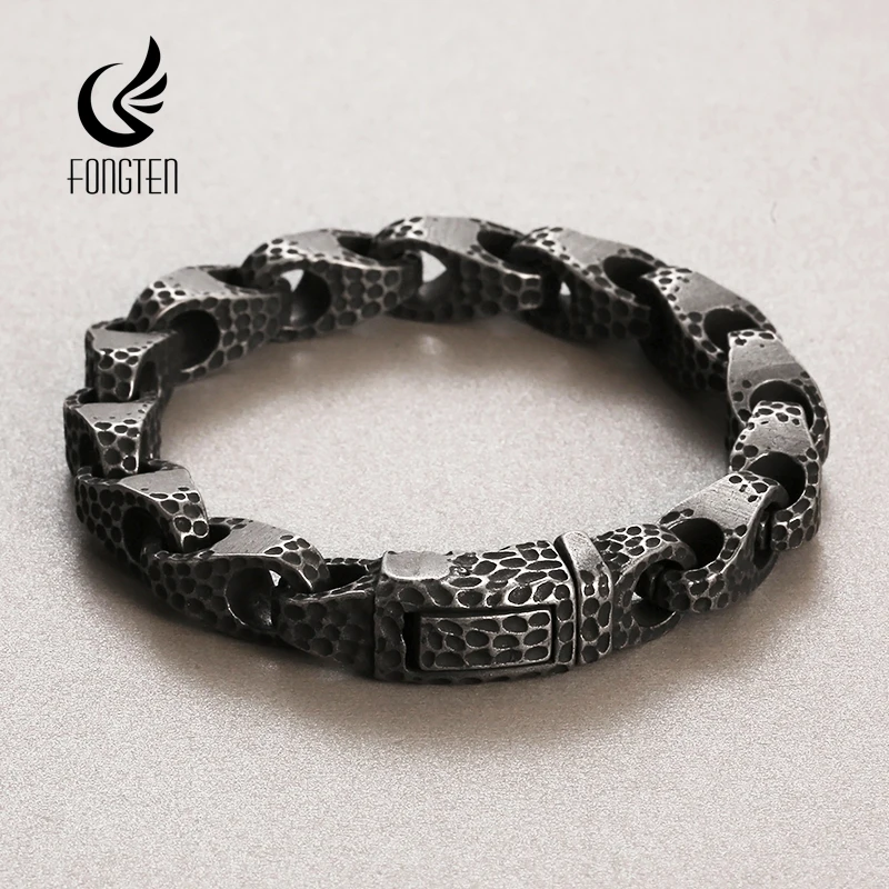 

Fongten 22cm Hammer Pattern Bracelet for Men Square Chain Stainless Steel Man Wrist Bracelets Bangle Gold Silver Color Jewelry