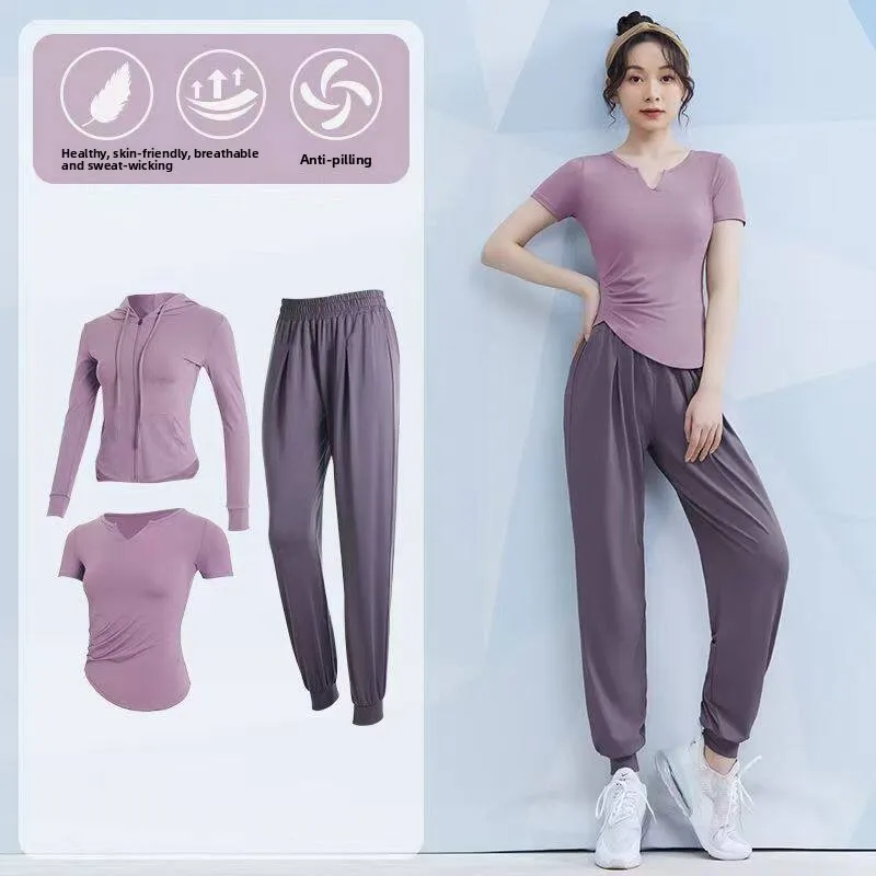 Quick Dry Sports Set Women's Morning Run Yoga Clothes plus Size Fat MM Dance Practice Suit Fitness Three Piece Set Breathable