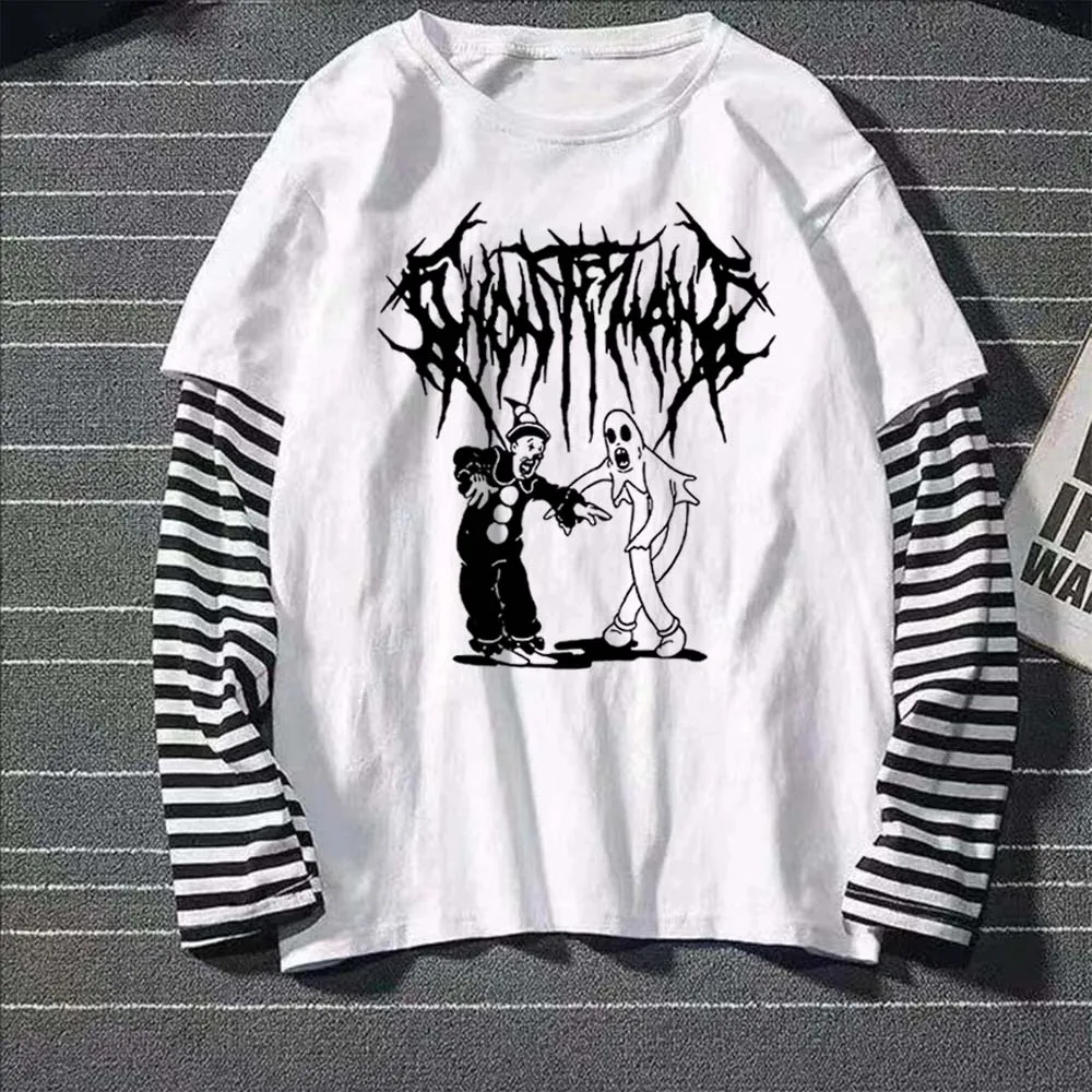 Damen Gothic Y2K Muster-Print Fake Two Langarm-T-Shirts Mode Retro Lässig Locker Hip Hop Fake Two Langarm-T-Shirt – Detail 5