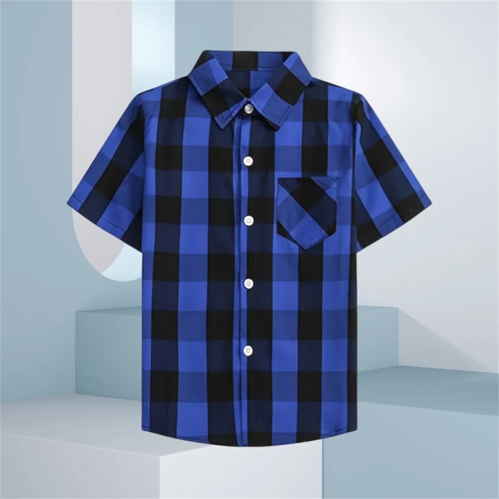 Children's Blouse Girl Boys Checked Shirt Versatile Outdoor Short Sleeve Top Collar Button Design Front Pocket Shirts Kid's Top